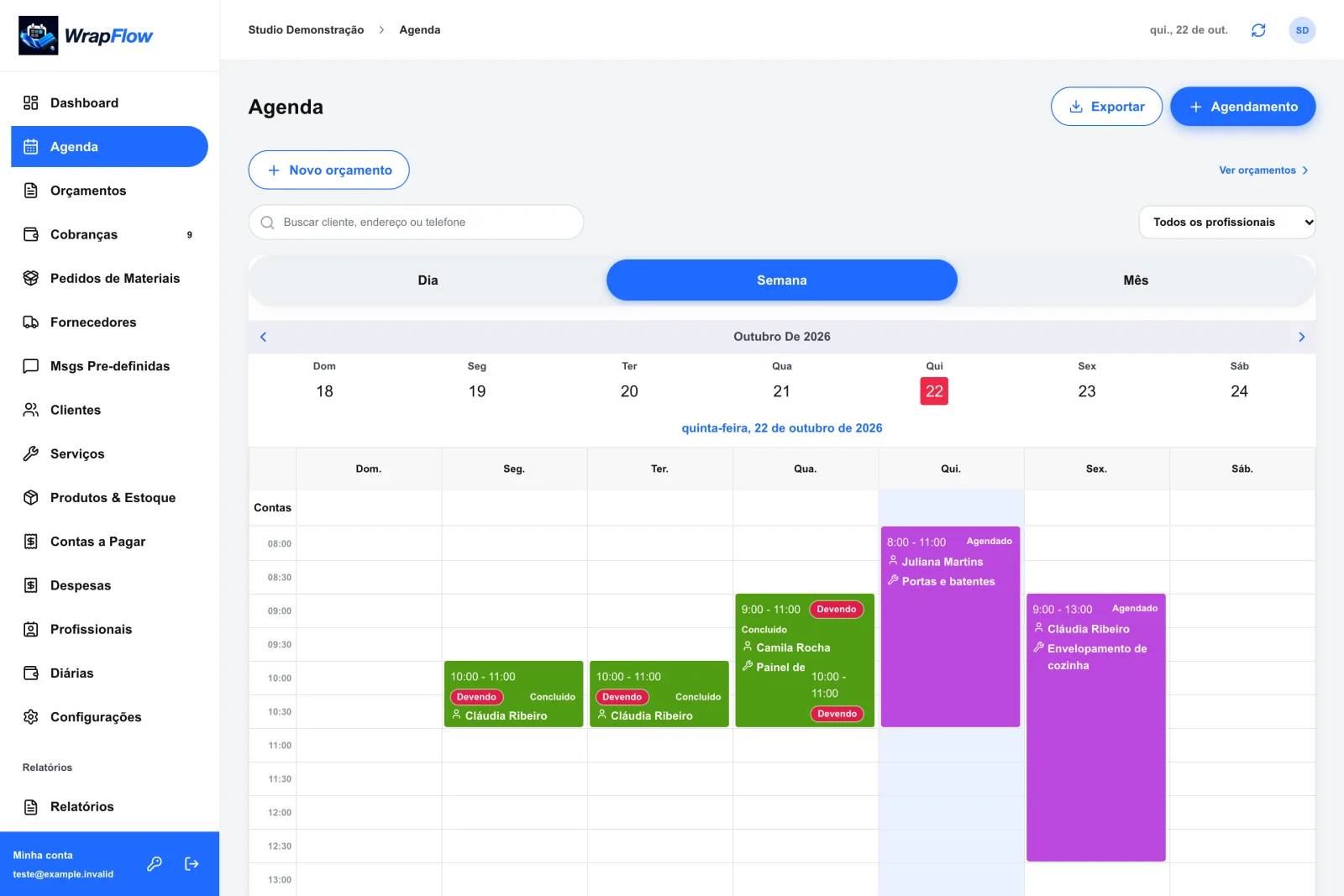 Agenda do WrapFlow com atendimentos por instalador